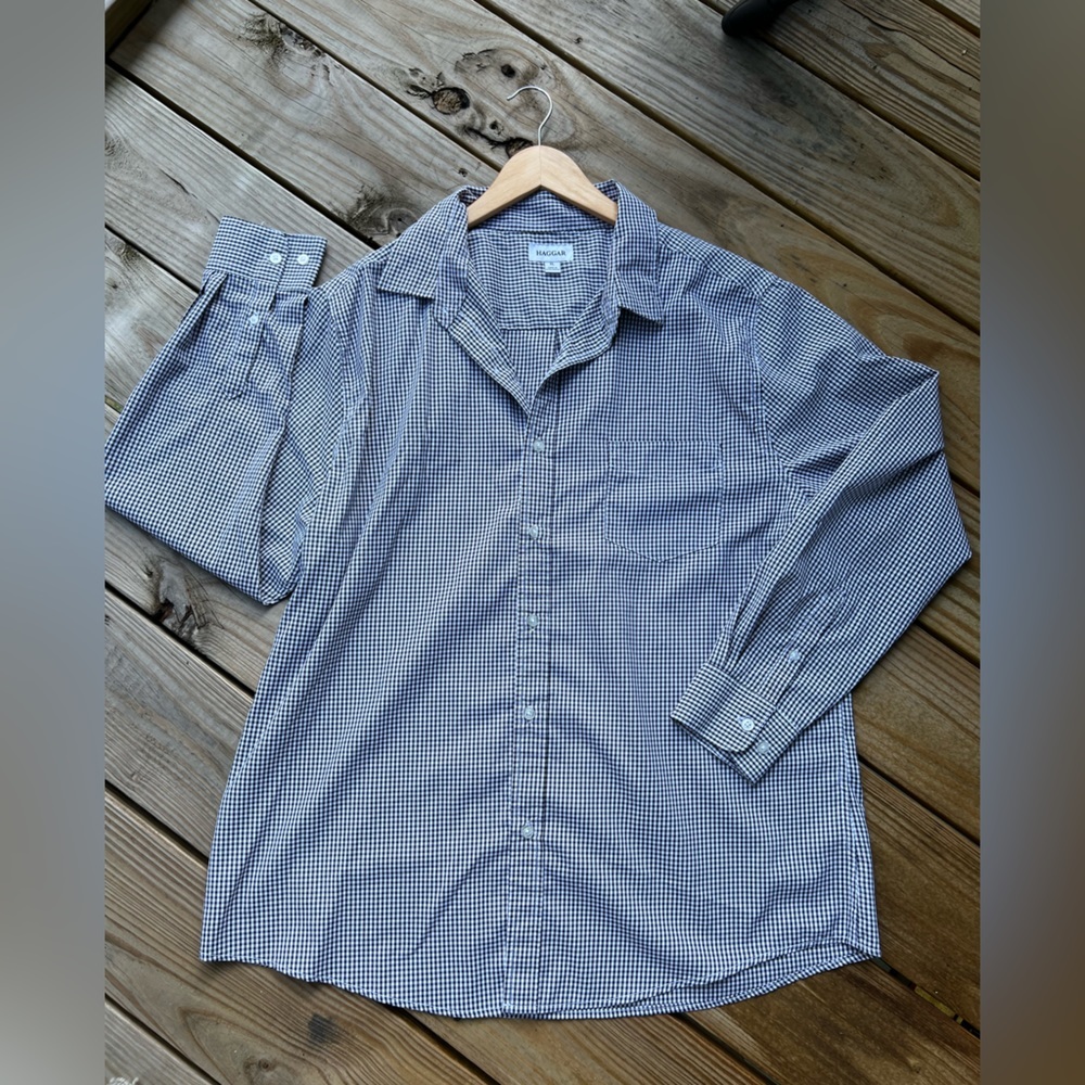 Men’s haggar extra large black/white checkered button down long sleeve shirt